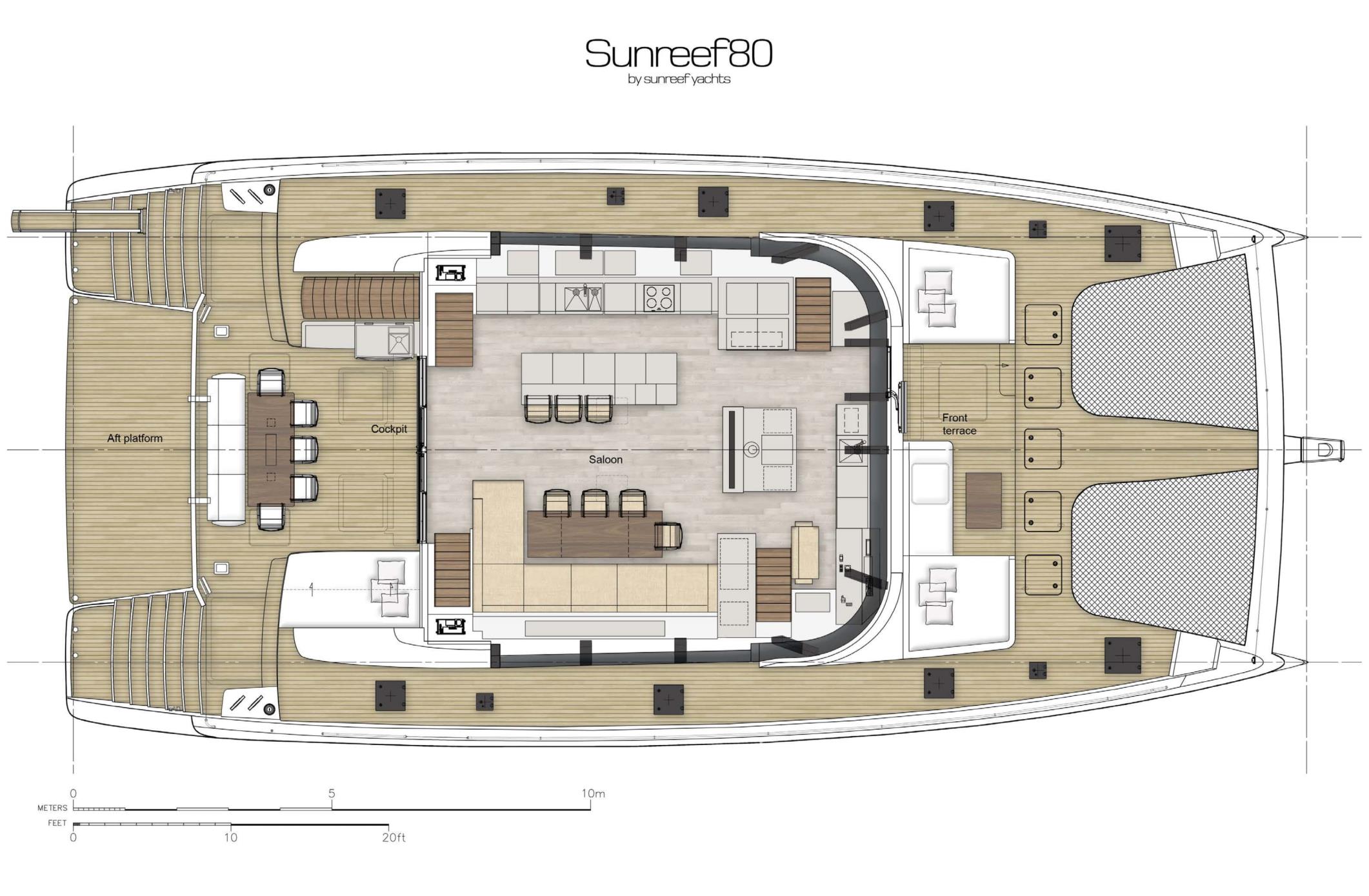 Main deck plan showing cockpit, saloon and front terrace