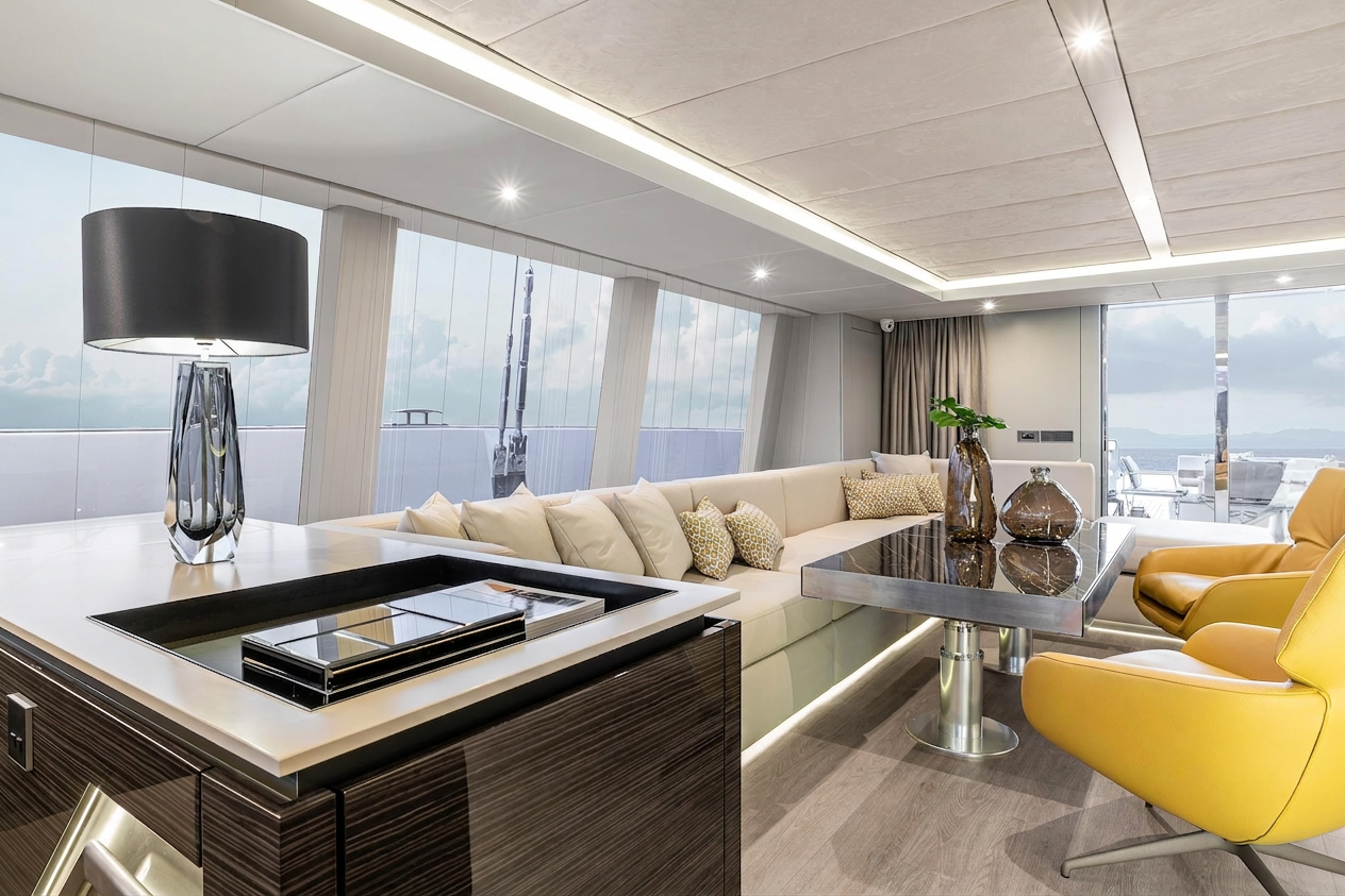 Saloon lounge with L-shaped sofa and panoramic views
