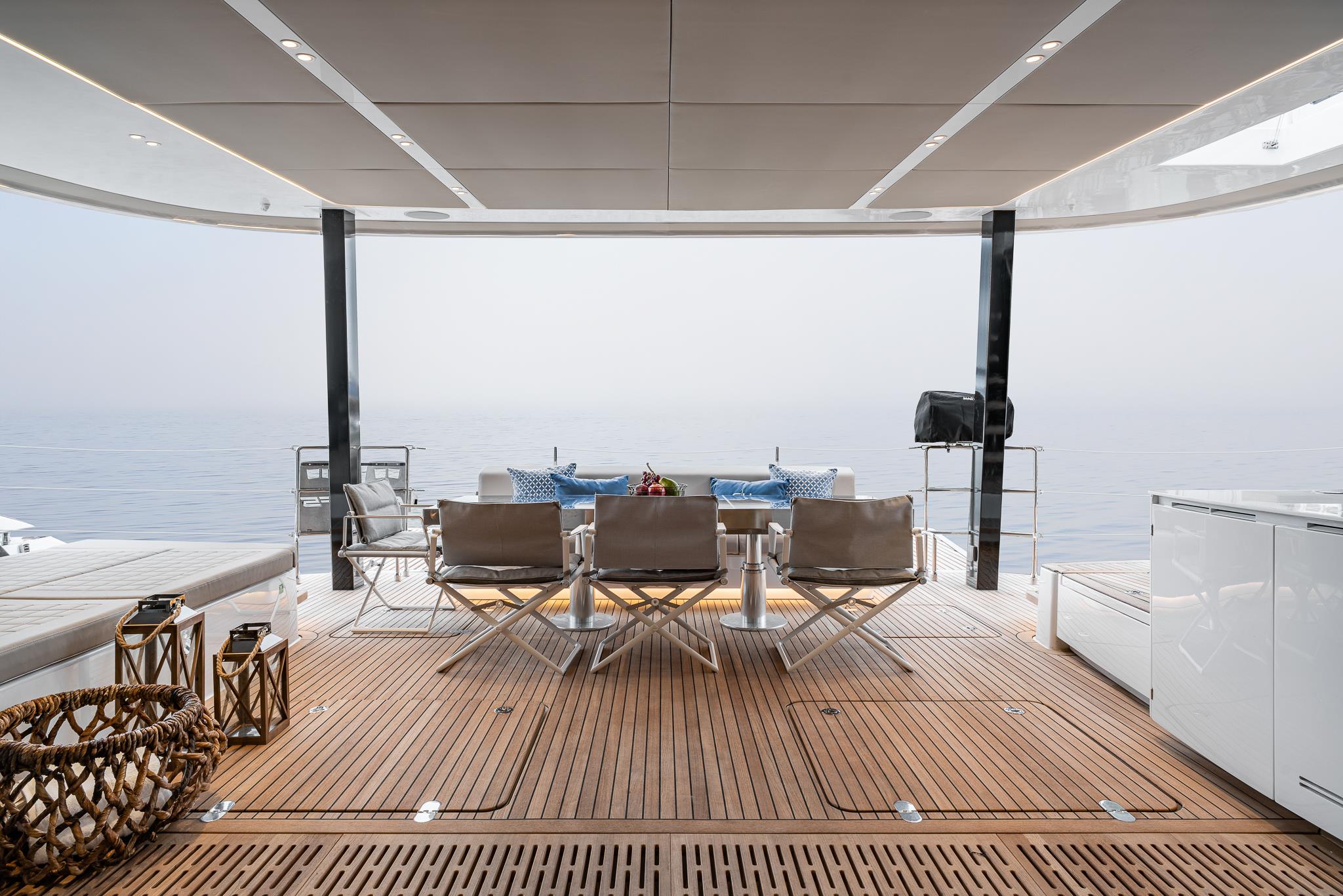 Flybridge dining area with sea views