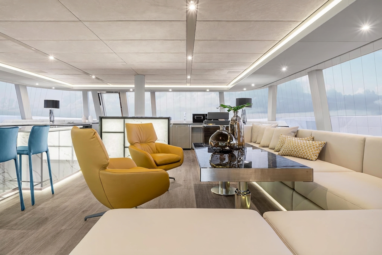 Main saloon with panoramic windows, blue bar stools and yellow armchairs