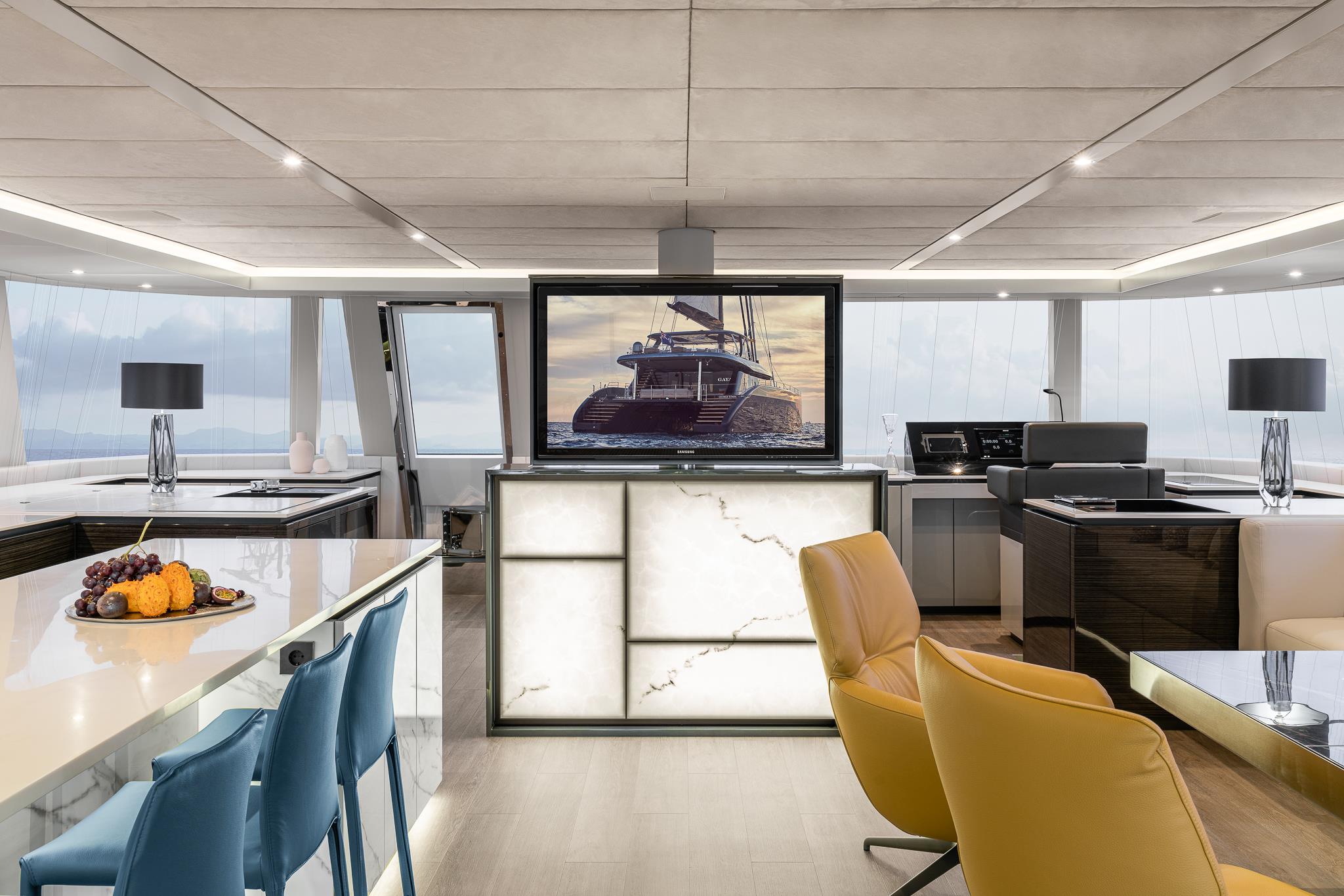 Saloon with TV display and marble accents