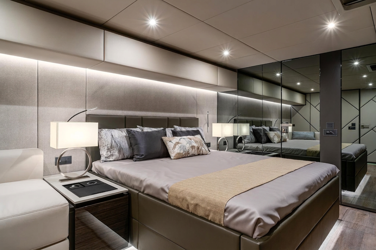 Master cabin with mirrored wardrobes and ambient lighting